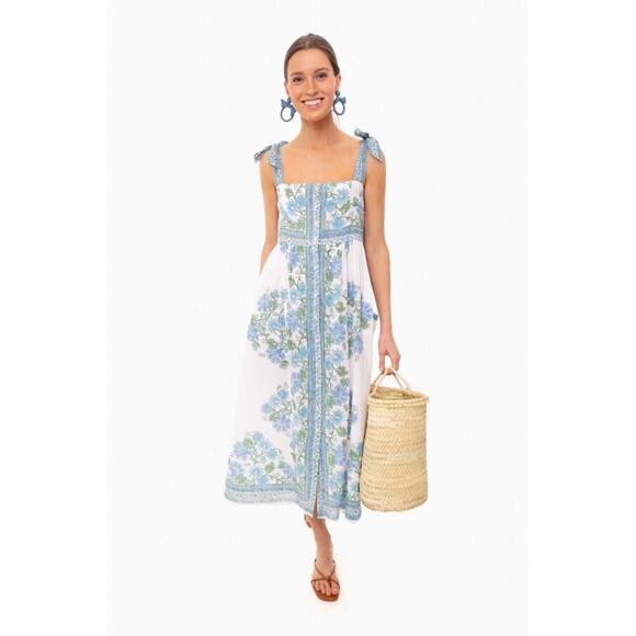 Juliet Dunn Tuckernuck Blue Rose Border Tie Shoulder Midi Button Cotton Dress - Picture 1 of 16